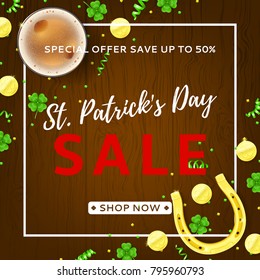Promo Banner for Saint Patrick's Day Sale. Top View on Festive Composition with Beer Glass, Horseshoe, Golden Coins and Clover Leaves on Wooden Texture. Vector Illustration with Confetti.