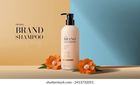 Promo banner for shampoo ad. Ad banner with minimalist design. 3d vector illustration with shampoo bottle and paper flowers on two color background. Concept of promotion cosmetic product.