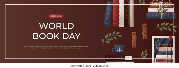 Promo banner with stack of books, globe, inkwell quill, plant, lantern, ebook. World book day. Bookstore, bookshop, library, book lover, bibliophile, education. Vector for poster, cover, advertising