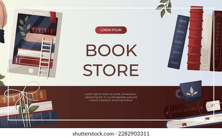 Promo banner with stack of books, globe, inkwell quill, plant, lantern, ebook. World book day. Bookstore, bookshop, library, book lover, bibliophile, education. Vector for poster, cover, advertising