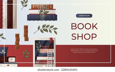 Promo banner with stack of books, globe, inkwell quill, plant, lantern, ebook. World book day. Bookstore, bookshop, library, book lover, bibliophile, education. Vector for poster, cover, advertising