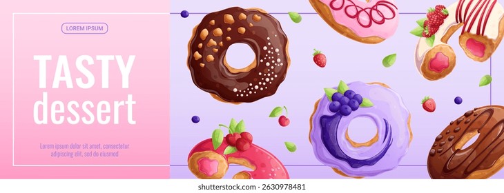 Promo banner for a store of donuts, desserts, confectionery, and cooking. Vector illustration for posters, banners, advertisements, flyers