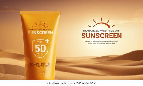 Promo banner for sunscreen ad. Concept of minimalist design of advertisement of sunscreen. Vector illustration with tube with cream on desert sand with sunset on background. Ad of cosmetics product.