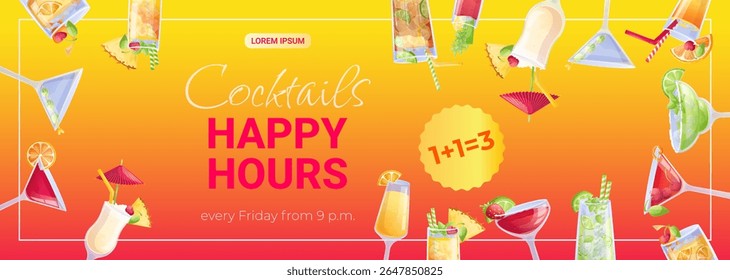 Promo banner template for a cocktail bar. Happy Hour cocktails. The concept of a bar, restaurant, cafe. Vector illustration for posters, banners, flyers.