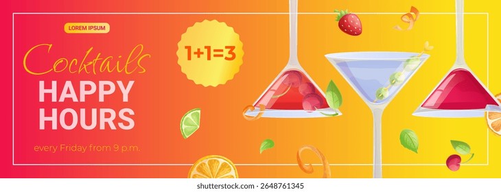 Promo banner template for a cocktail bar. Happy Hour cocktails. The concept of a bar, restaurant, cafe. Vector illustration for posters, banners, advertisements, flyers.
