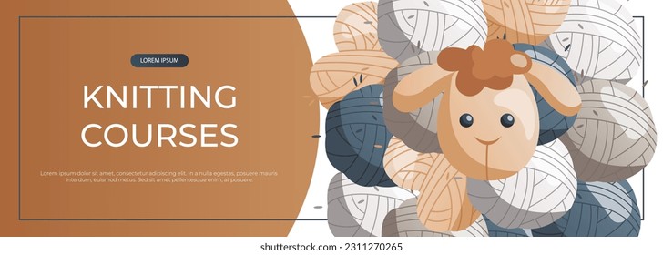 Promo banner with toy sheep made of balls of wool. Skein of yarn.Tools, equipment for knitwork, handicraft. Handmade needlework, hobby. Knitting studio vector for poster, advertising, cover