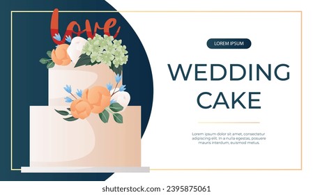 Promo banner with two-tiered white cake with flowers, leaves, love sign. Wedding day accessories, decorations. Celebrate marriage, save the date ceremony A4 vector for poster, cover, advertising