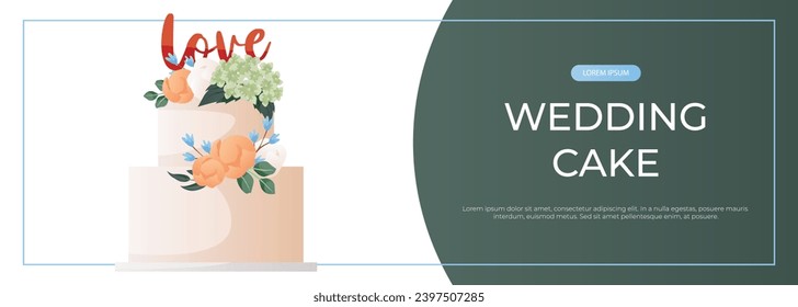 Promo banner with two-tiered white cake with flowers, leaves, love sign. Wedding day accessories, decorations. Celebrate marriage, save the date ceremony vector for poster, cover, advertising