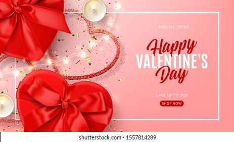 Promo banner for Valentine's Day sale. Vector illustration with realistic red gift boxes, sparkling light garland, candles and confetti on pink background. Promo discount banner.