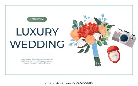 Promo banner with wedding bouquet of peony, engagement ring in red velvet box, retro camera. Wedding day accessories, decorations. Celebrate marriage, save the date ceremony for poster, advertising