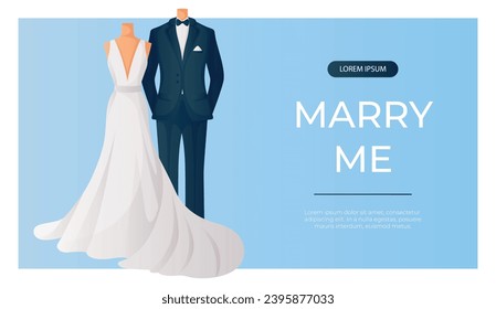 Promo banner with wedding bride dress, groom suit on couple mannequins for bridal shop. Wedding day accessories, decorations. Celebrate marriage, save the date ceremony for poster, cover, advertising