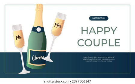 Promo banner with wedding cheers bottle of champagne, prosecco, holiday sparkling wine. Wedding day accessories, decorations. Celebrate marriage, save the date ceremony for poster, advertising