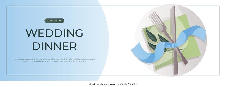 Promo banner with wedding place setting with cutlery, dinner plate and silk ribbon in rustic style. Wedding day accessories, decorations. Celebrate marriage, save the date ceremony for poster, cover