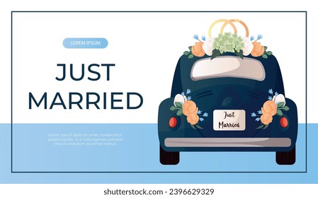 Promo banner with wedding rings on retro car with flowers, sign board Just Married. Wedding day accessories, decorations. Celebrate marriage, save the date ceremony for poster, advertising, cover