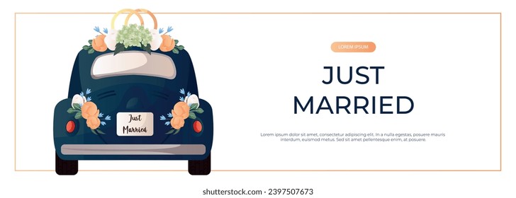 Promo banner with wedding rings on retro car with flowers, sign board Just Married. Wedding day accessories, decorations. Celebrate marriage, save the date ceremony for poster, advertising, cover