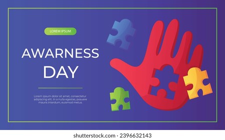 Promo banner world autism awareness day with hand colorful puzzle pieces. International solidarity, asperger’s day. Health care, mental illness. Social media post for poster, advertising, cover
