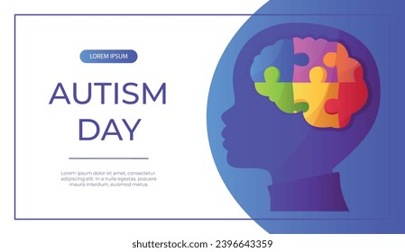Promo banner world autism awareness day with child head with puzzle pieces. International solidarity, asperger’s day. Health care, mental illness. Social media post for poster, advertising, cover