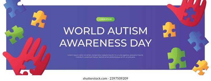 Promo banner world autism awareness day with hand colorful puzzle pieces. International solidarity, asperger’s day. Health care, mental illness. Social media post for poster, advertising, cover