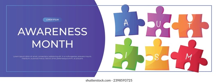 Promo banner world autism awareness day with jigsaw puzzle pieces with text. International solidarity, asperger’s day. Health care, mental illness. Social media post for poster, advertising, cover