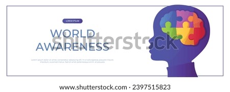 Promo banner world autism awareness day with child head with puzzle pieces. International solidarity, asperger’s day. Health care, mental illness. Social media post for poster, advertising, cover