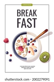 Promo banner with Yogurt with fruits, corn rings with milk and berries. Healthy eating, nutrition, diet, cooking, breakfast menu, fresh food concept. A4 vector illustration for banner, flyer, poster.