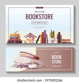 Promo banners for bookstore, bookshop, library, book lover, e-book, education. Vector illustration for poster, banner, advertising, flyer.