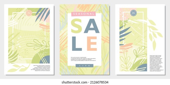 Promo banners for seasonal spring sale with leaves, floral elements and plants. Creative vector sets of nature and landscape covers, notebooks, posters, cards, flyers, backgrounds or invitations. 