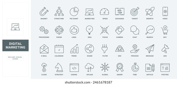 Promo blog in social media and email ads for business growth, market structure research and plan in calendar, thin black and red outline symbols, vector illustration. Digital marketing line icons set.