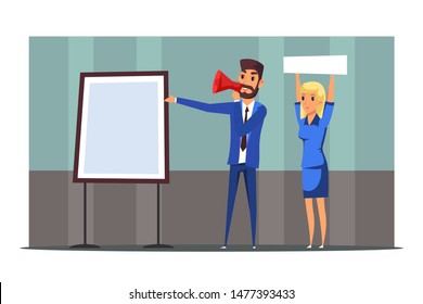 Promo campaign presentation flat illustration. Marketer holding loudspeaker and pointing at blank board cartoon character. Presidential election candidate promotion. Man speaking at megaphone