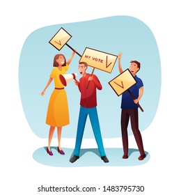 Promo campaign presentation flat illustration. Marketer holding loudspeaker and pointing at board cartoon character. Presidential election candidate promotion. Man speaking at megaphone