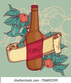 promo card for cider season with beautiful branch of apple tree and bottle of cider, retro style, can be used as party invitation vector illustration