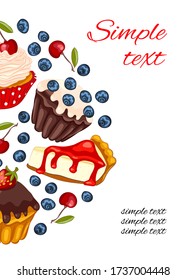 Promo card set with colorful cupcake vector illustrations. Restaurant or cafe menu design. Flyer template with berries, muffins and cheesecake.