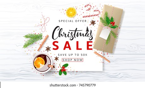 Promo Christmas Banner for Seasonal Sale. Festive Composition with Paper Gift Box and Xmas Symbols for Happy New Year on Wooden Texture. Greeting Card. Vector Illustration with Discount Offer.