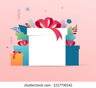 Promo Christmas, New Year banner, Sale poster and flyer with gift boxes and Xmas decorations