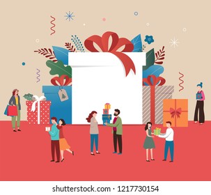 Promo Christmas, New Year banner, Sale poster and flyer with giant gift boxes and small people, men and women