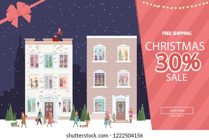 Promo Christmas, New Year banner, Sale poster and flyer with snowy city street at holiday eve. Editable vector illustration