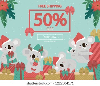 Promo Christmas, New Year banner, Sale poster and flyer with fun koala bear character. Editable vector illustration