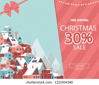 Promo Christmas, New Year banner, Sale poster and flyer with winter landscape and houses in the Scandinavian style. Editable vector illustration