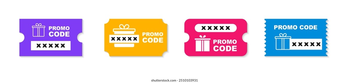 Promo code coupon set. Discount coupon. Gift voucher with promo code. Promo code template for web marketing. Vector illustration.