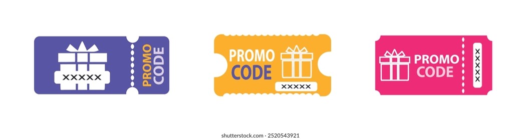 Promo code coupon set. Discount coupon. Gift voucher with promo code. Promo code template for web marketing