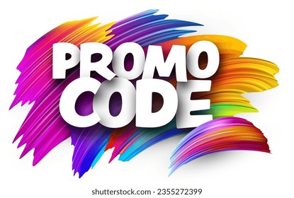 Promo code paper word sign with colorful spectrum paint brush strokes over white.