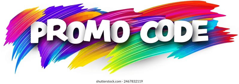 Signo de palabra de papel de código promocional con pinceladas de pintura de espectro colorido sobre blanco.