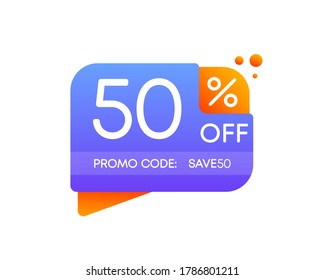 Promo code save. 50 percent off discount nameplate on a white background in flat design. Business, shop, producte sale. Vector illustration.