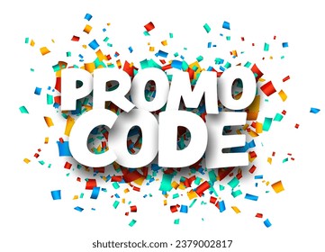 Promo code sign over colorful cut ribbon confetti background. Vector illustration.