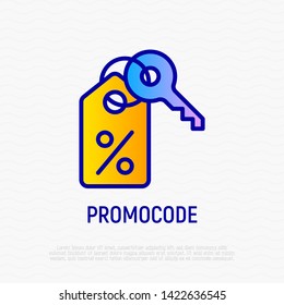 Promo code thin line icon: percent sign on label with key. Modern vector illustration for discount.