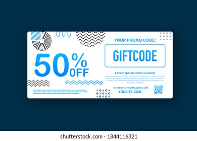 Promo code. Vector Gift Voucher with Coupon Code. Premium eGift Card Background for E-commerce, Online Shopping. Marketing. Vector illustration.	