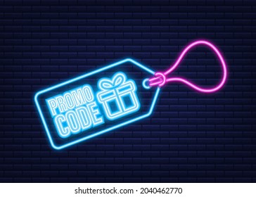Promo code. Vector Gift Voucher with Coupon Code. Premium eGift Card Background for E-commerce, Online Shopping. Neon icon. Vector illustration.