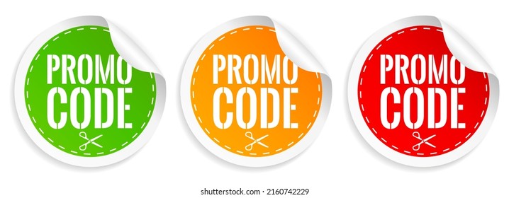 Promo code vector stickers isolated on white background, discount promo code colorful stickers set, business flat illustration