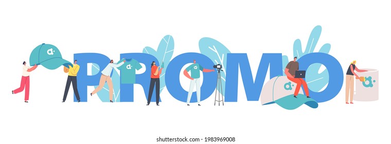 Promo Concept. Tiny Male and Female Characters with Huge Promotional Products for Brand Identity T-Shirt, Cap, Memory Stick and Mug, Adver Poster, Banner or Flyer. Cartoon People Vector Illustration