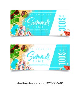 Promo Discount Summer Gift Voucher. Design of coupon usable for invitation and ticket. Top view on holiday decoration on wooden texture. Vector illustration with seasonal offer.